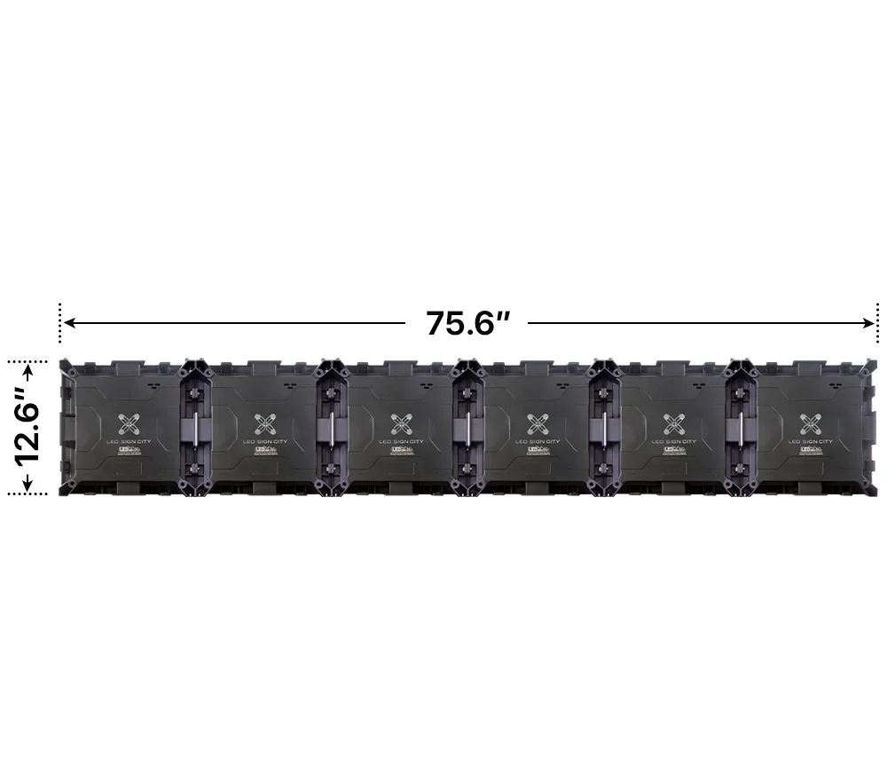 Back elevation of a 1x6 LED sign, 75.6″ wide by 12.6″ tall