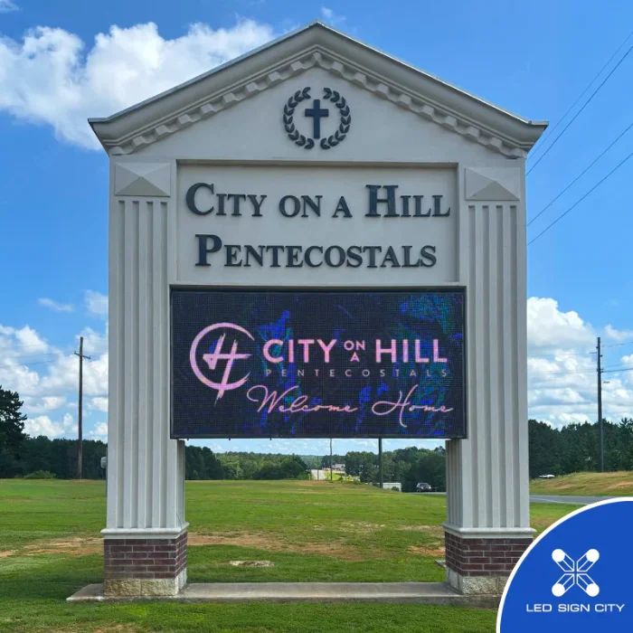 Full-color LED display set into a columned church monument